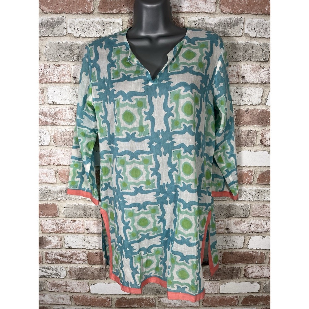 Oliphant Sz S Blue Green Tunic Top Long Sleeve Lightweight 100% Cotton India